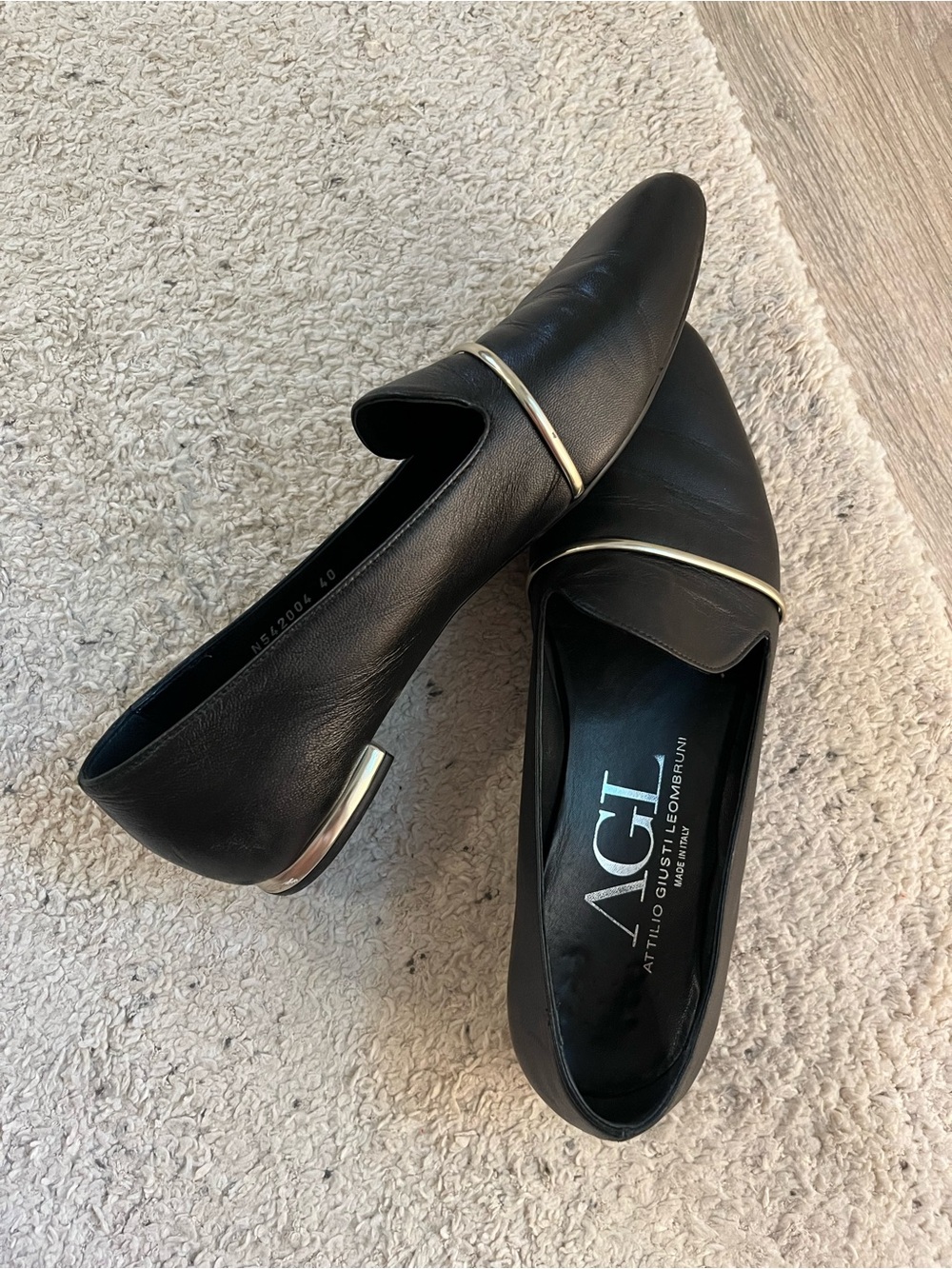 AGL Black Leather Pointed Loafers with Silver Accents